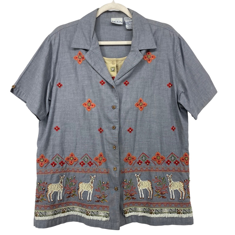 Bobbie Brooks‎ Size Large Button Down Shirt Set Blue Zebra Embroidered Fringe